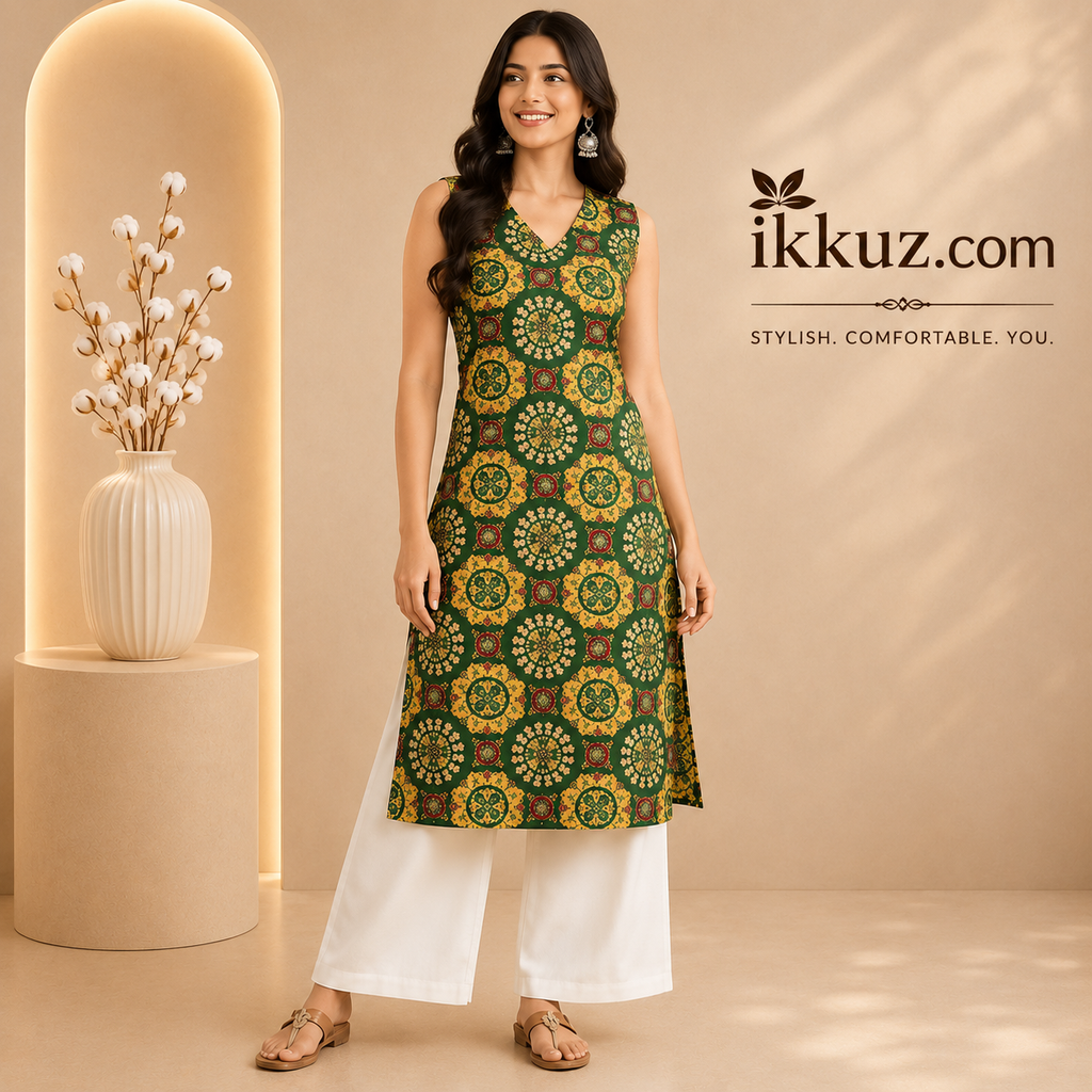 Women Green &amp; Yellow Ethnic Motifs Printed Straight Kurta Set