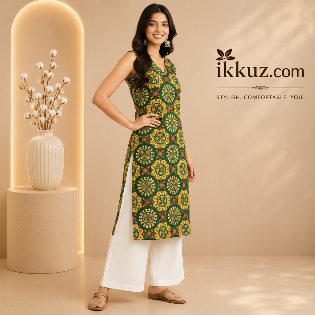 Women Green &amp; Yellow Ethnic Motifs Printed Straight Kurta Set