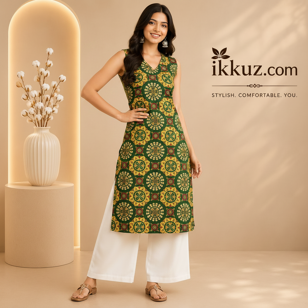 Women Green &amp; Yellow Ethnic Motifs Printed Straight Kurta Set