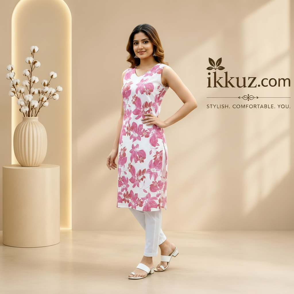 Stylish Floral Printed Sleeveless Kurti with Pant Set for Women