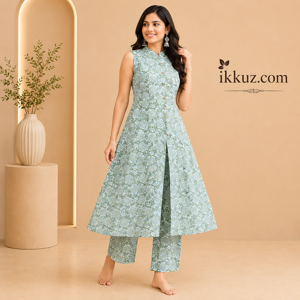Aqua Bloom Printed Cotton Kurta Palazzo Set