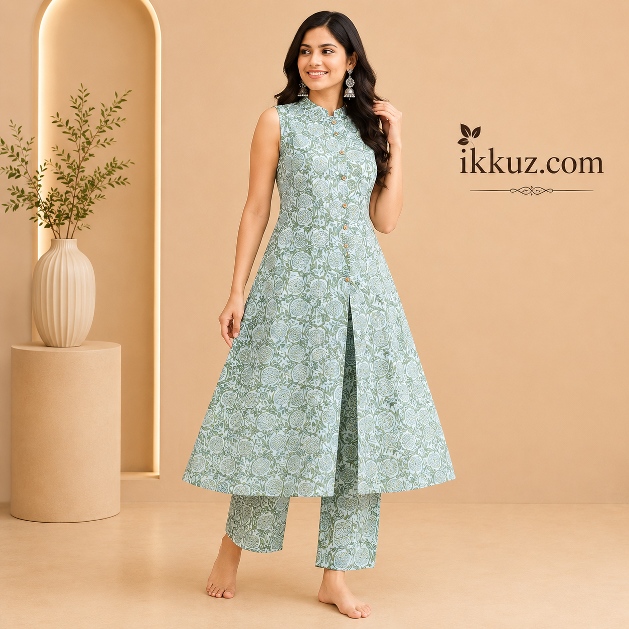 Aqua Bloom Printed Cotton Kurta Palazzo Set