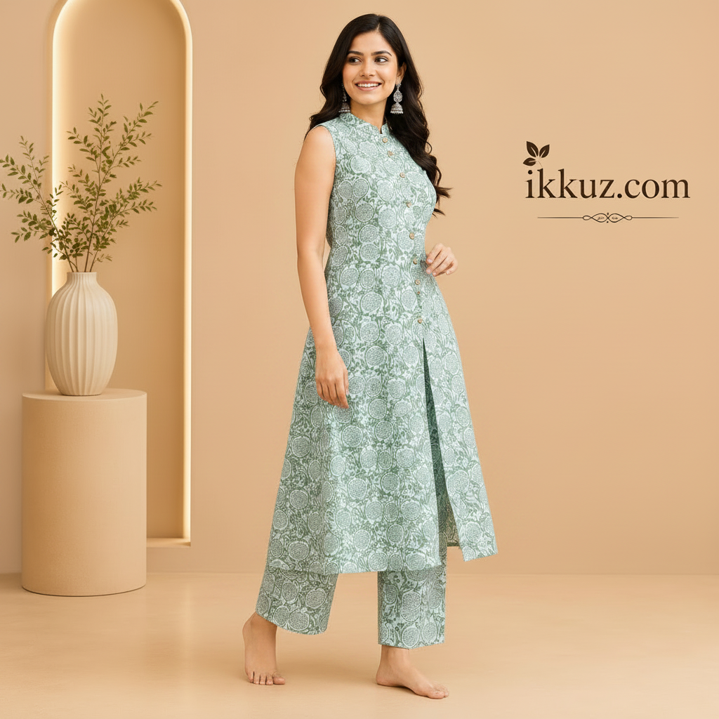 Aqua Bloom Printed Cotton Kurta Palazzo Set