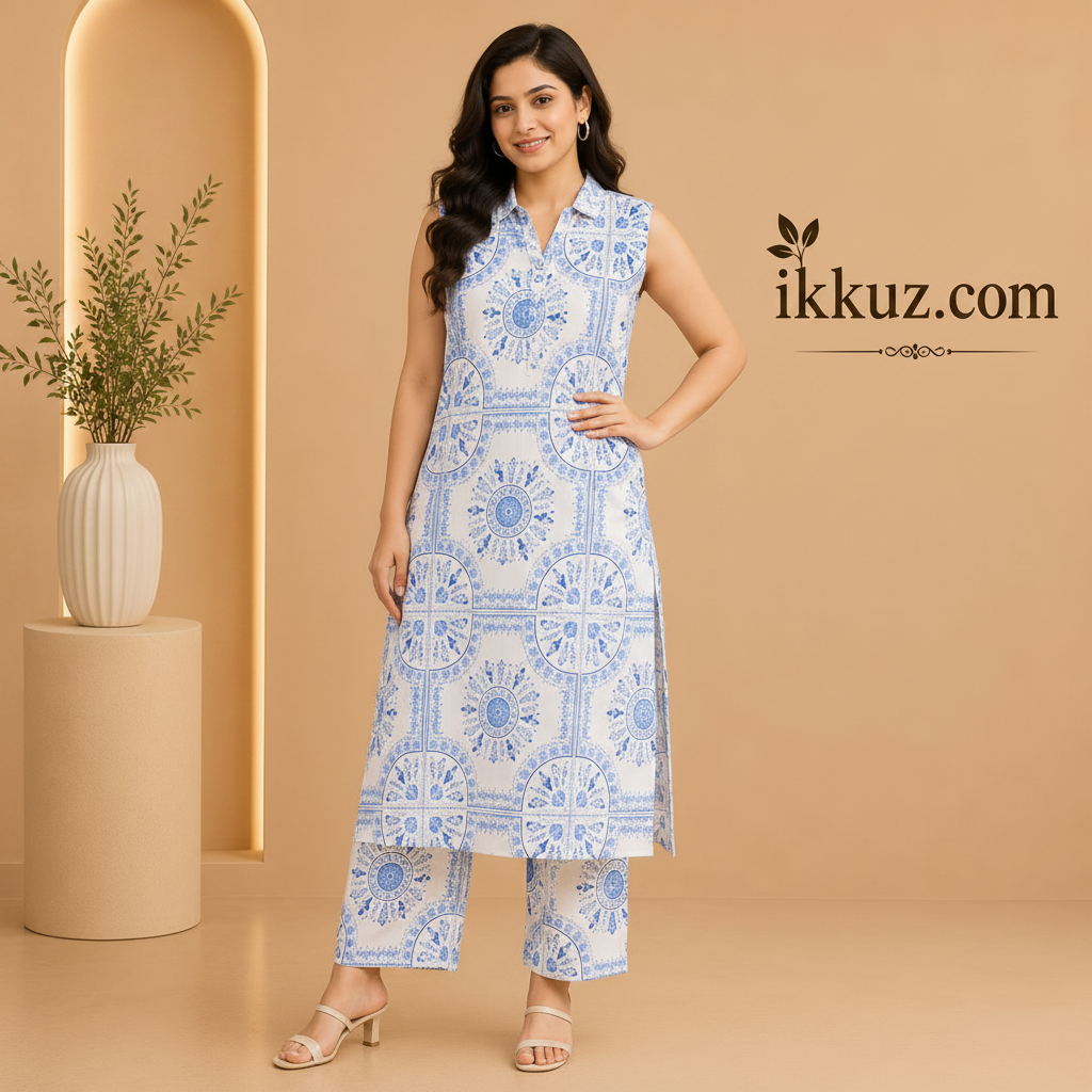 Blue Goal Printed Rayon Kurta Pant Set