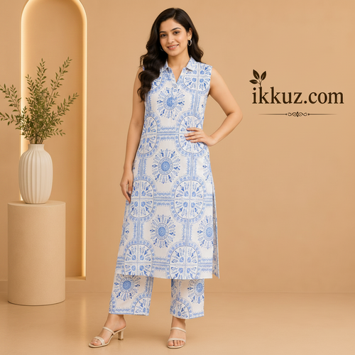Blue Goal Printed Rayon Kurta Pant Set