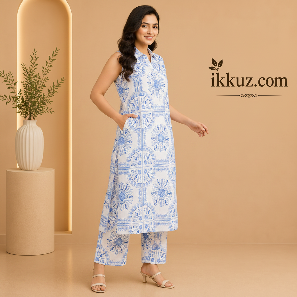 Blue Goal Printed Rayon Kurta Pant Set
