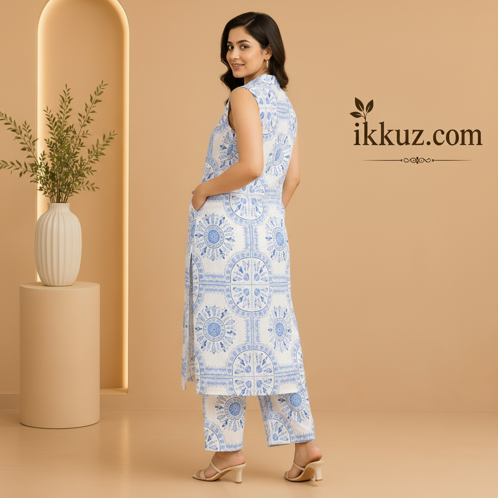 Blue Goal Printed Rayon Kurta Pant Set