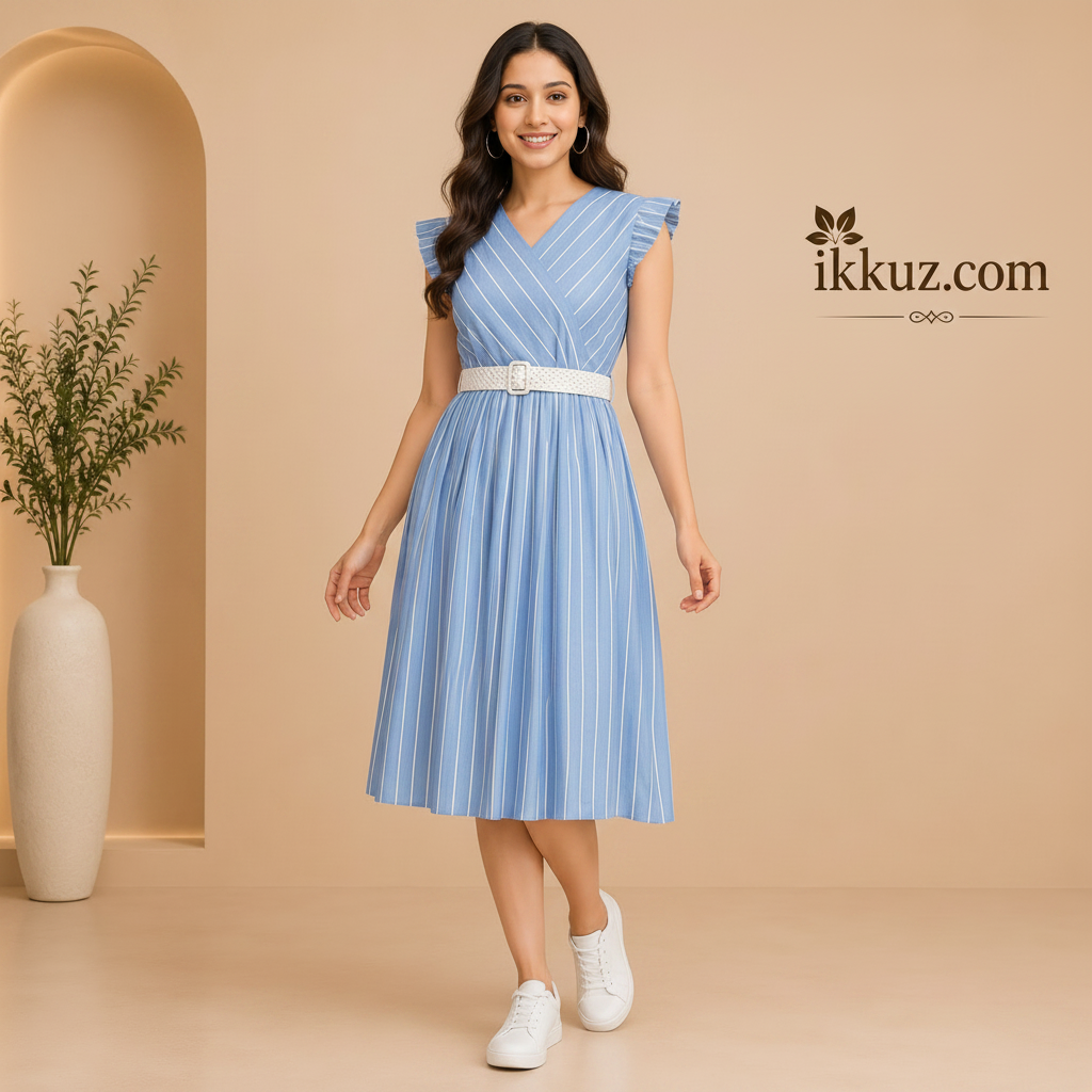 Sky Blue Striped Cotton Midi Dress with Embroidered Belt