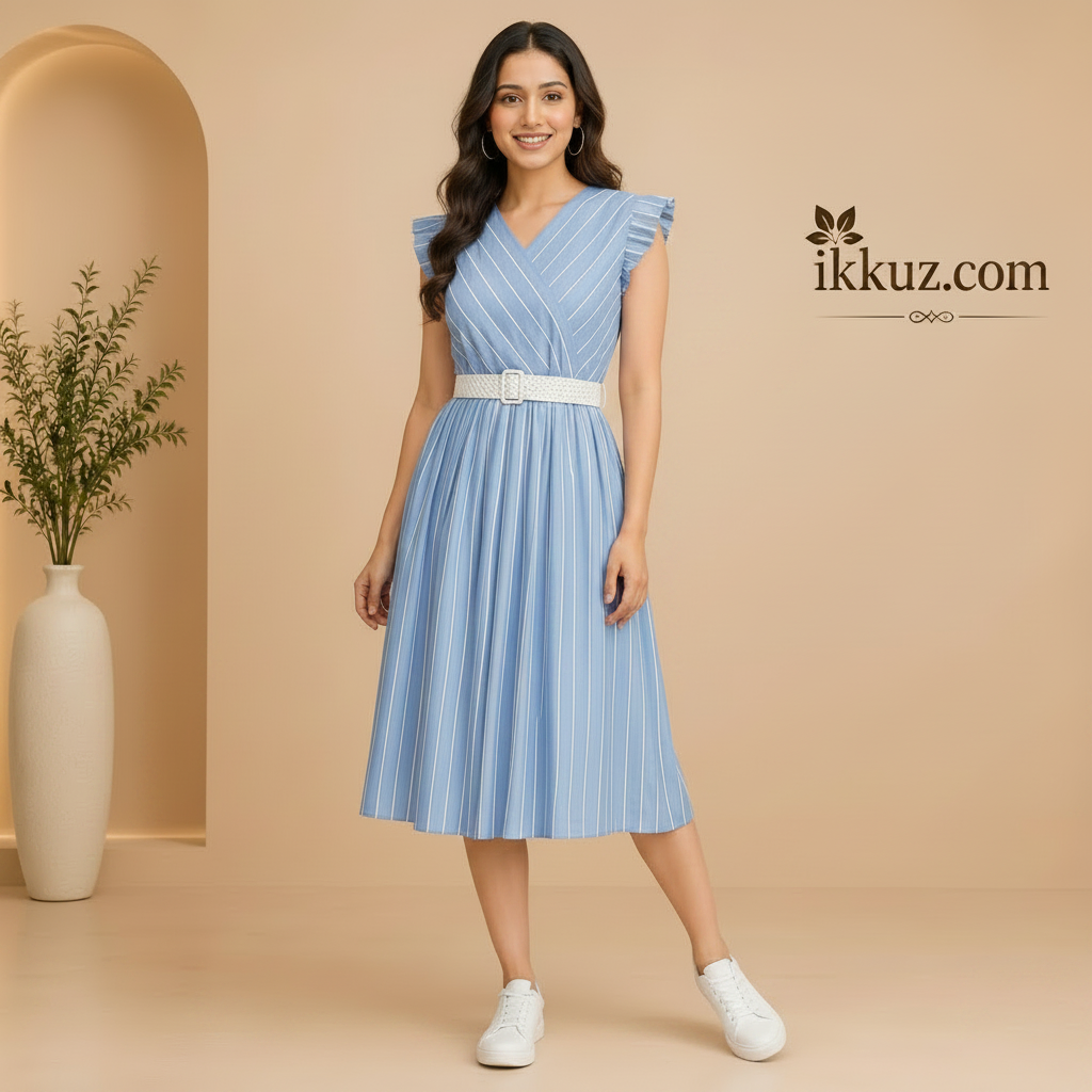 Sky Blue Striped Cotton Midi Dress with Embroidered Belt