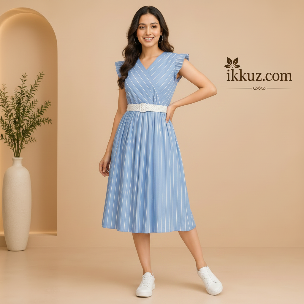 Sky Blue Striped Cotton Midi Dress with Embroidered Belt