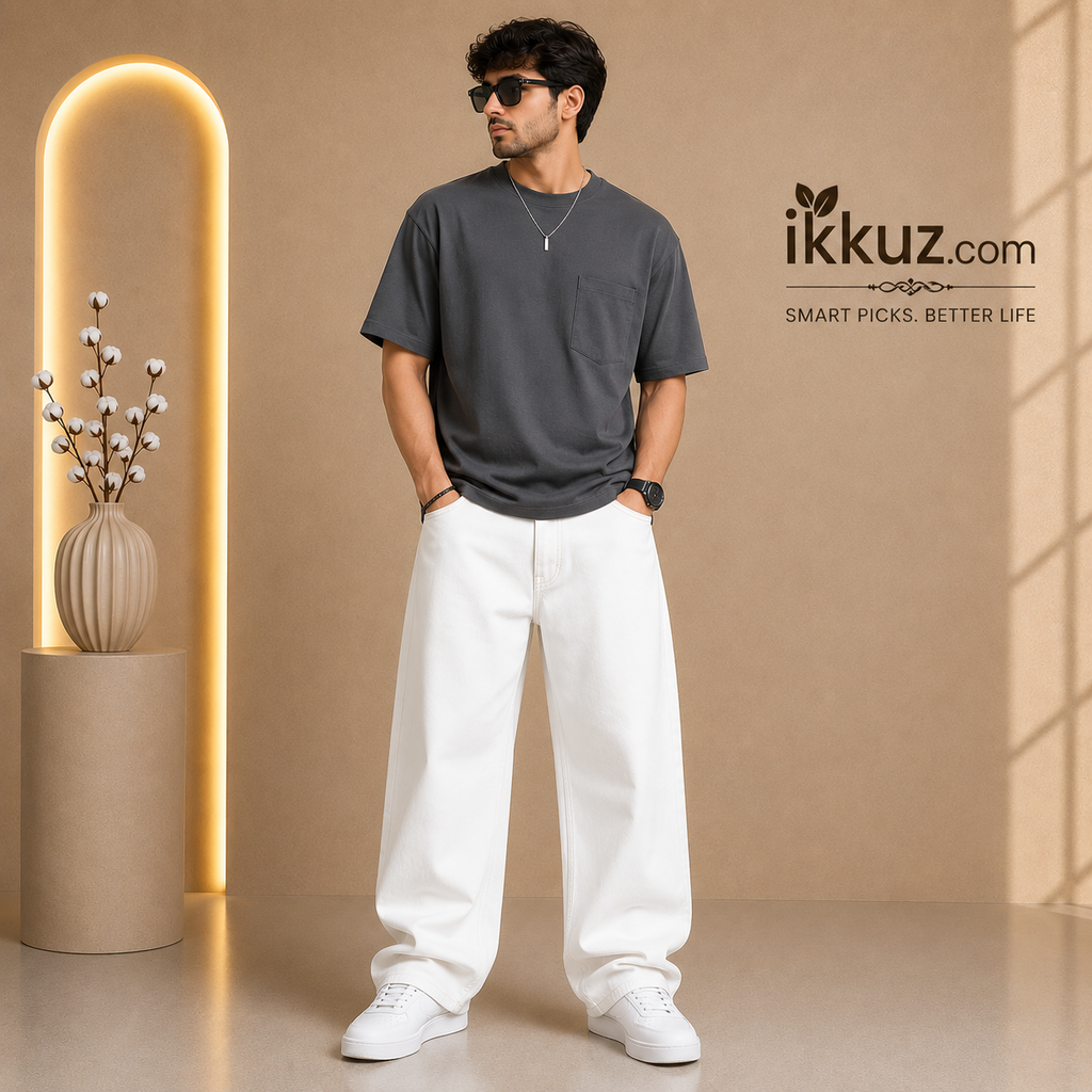 Men's Arctic White Baggy Fit Denim Jeans