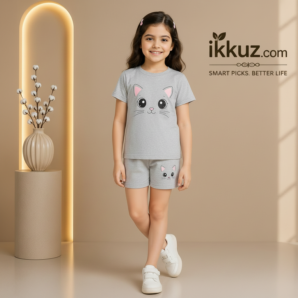 Kids Kingdom Girls Summer Cotton Cat Print Co-ord Set (Pack of 3)