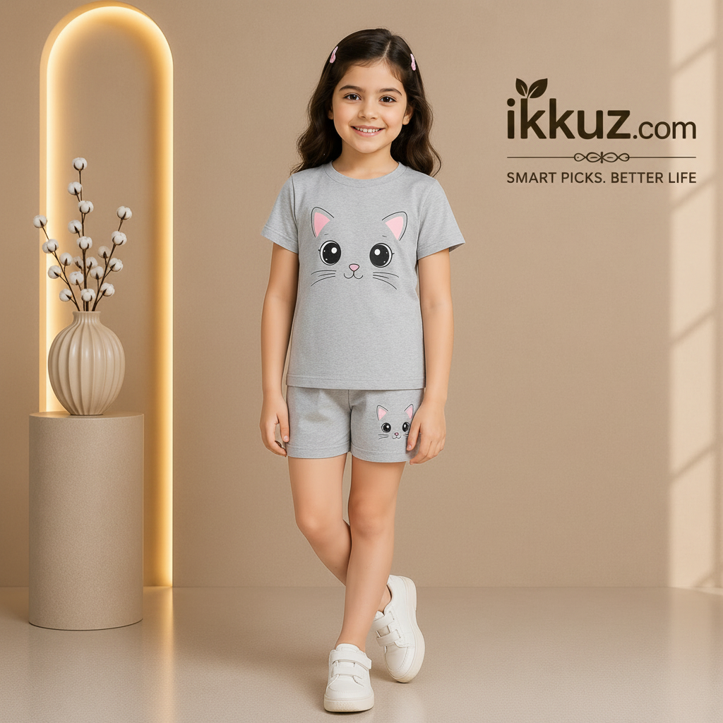 Kids Kingdom Girls Summer Cotton Cat Print Co-ord Set (Pack of 3)