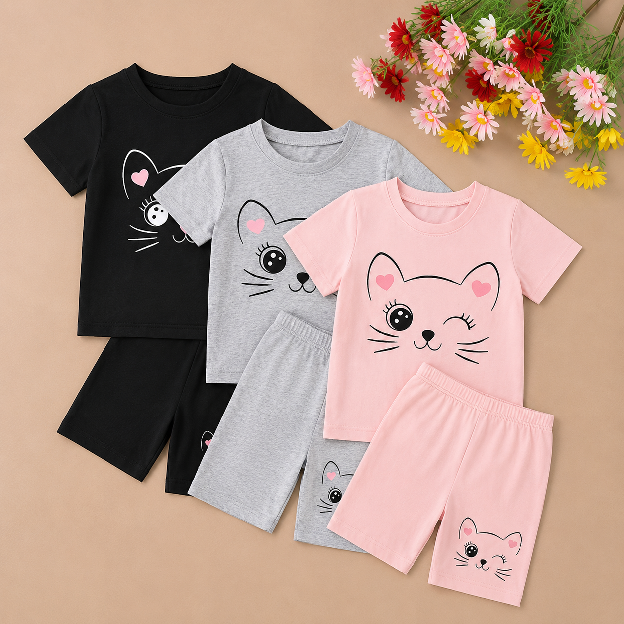 Kids Kingdom Girls Summer Cotton Cat Print Co-ord Set (Pack of 3)