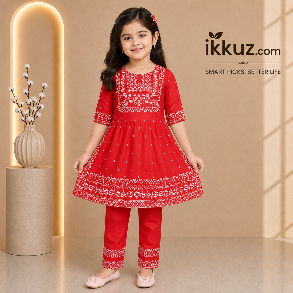 Floral Print Naira Cut Kurta &amp; Pajama Set for Girls – Soft Rayon Ethnic Wear