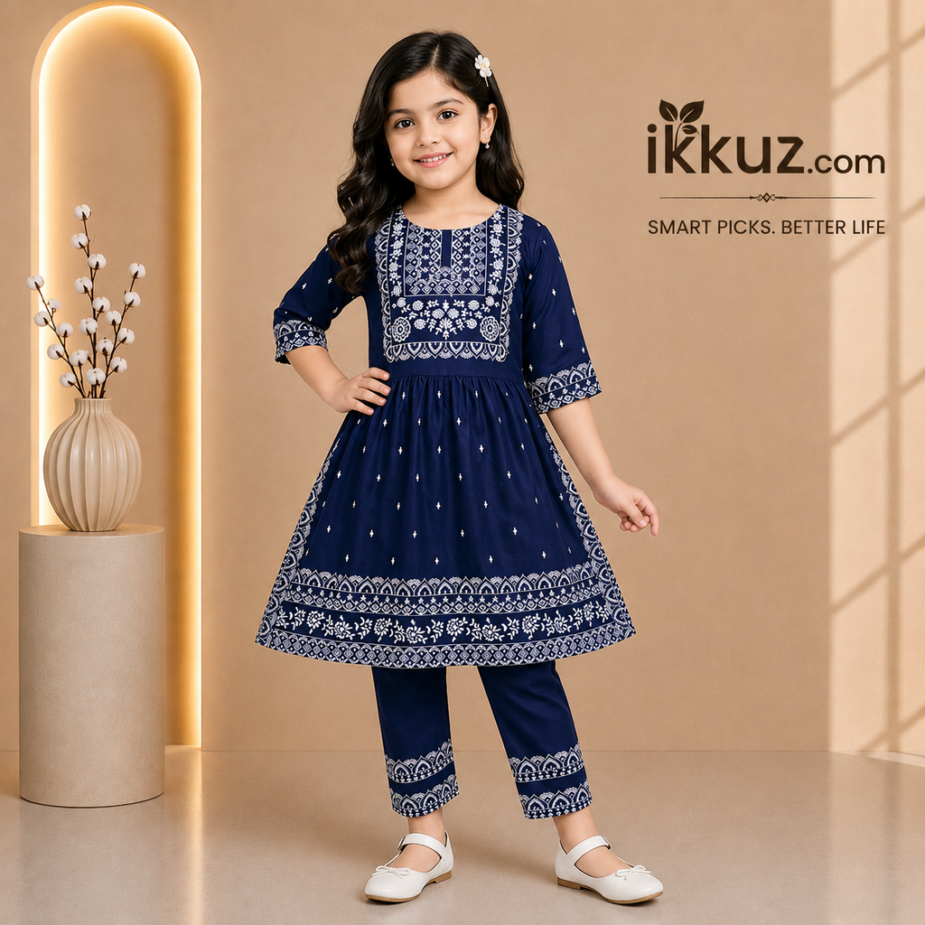 Floral Print Naira Cut Kurta &amp; Pajama Set for Girls – Soft Rayon Ethnic Wear