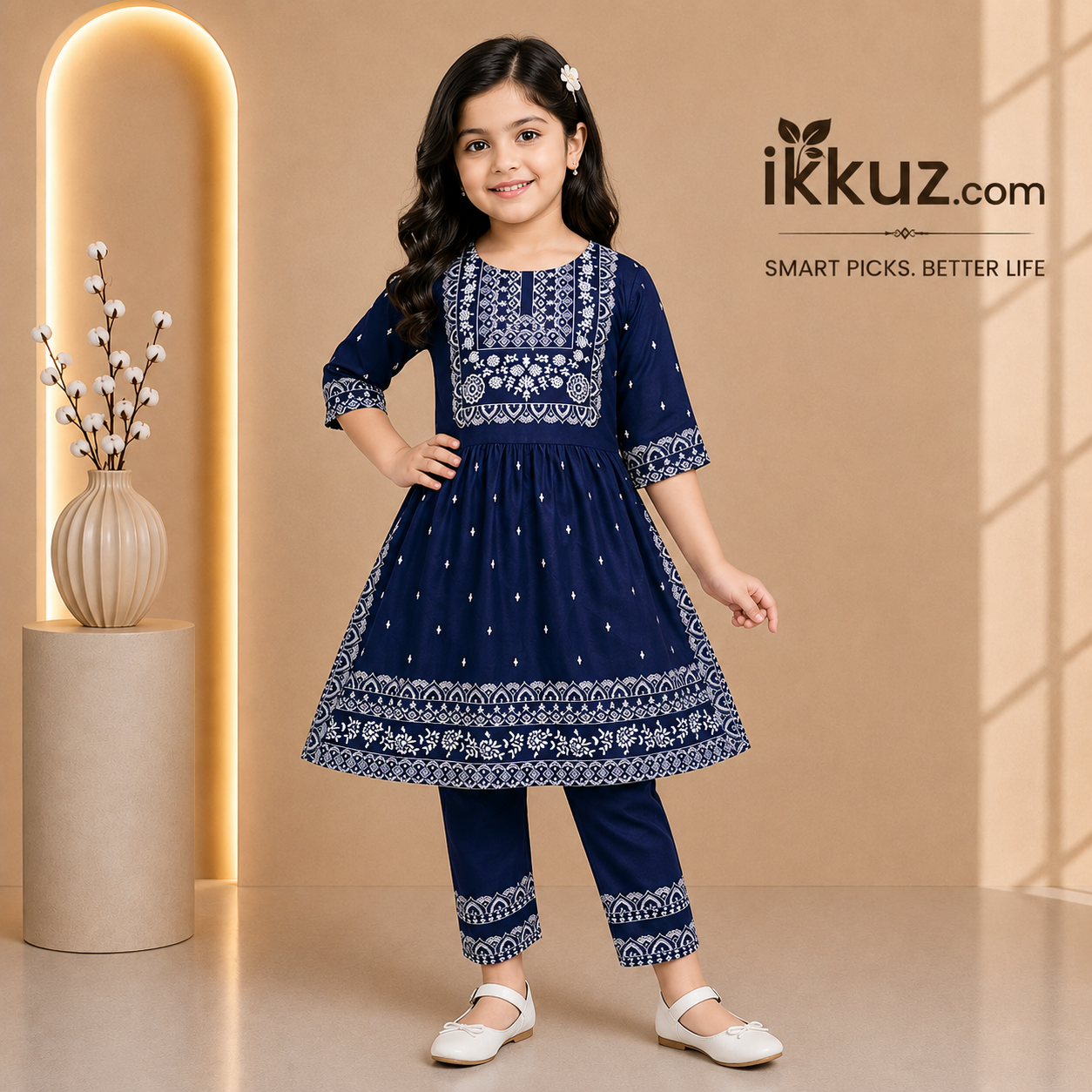 Floral Print Naira Cut Kurta &amp; Pajama Set for Girls – Soft Rayon Ethnic Wear