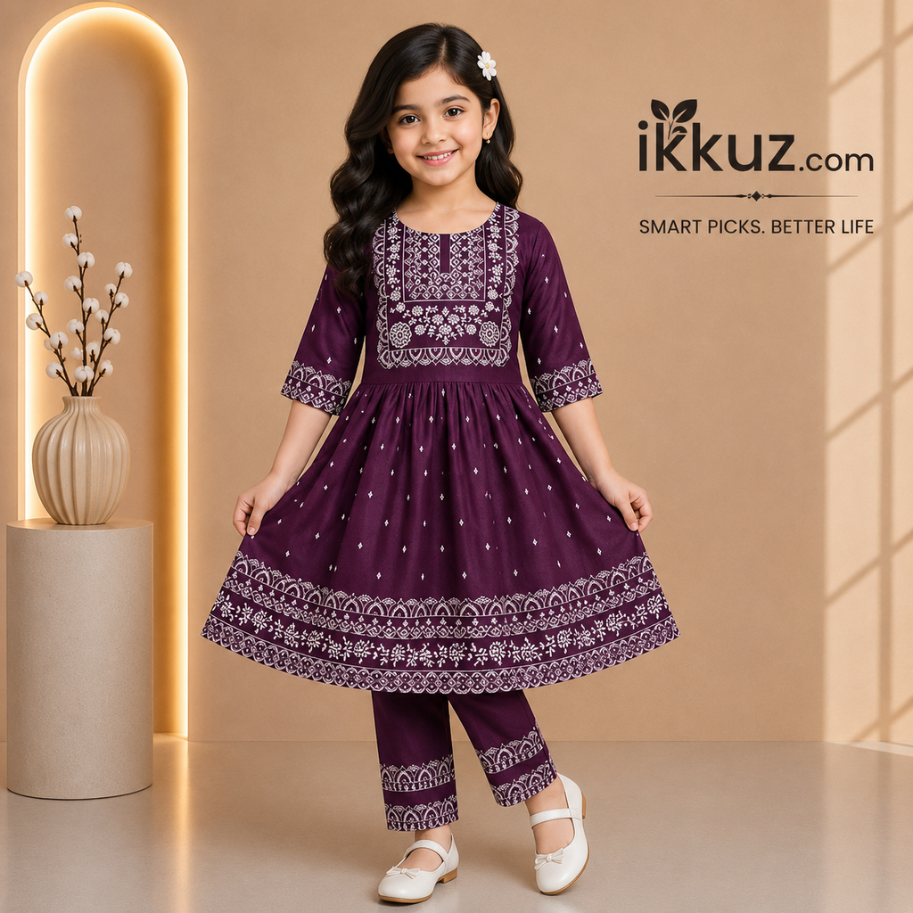 Floral Print Naira Cut Kurta &amp; Pajama Set for Girls – Soft Rayon Ethnic Wear