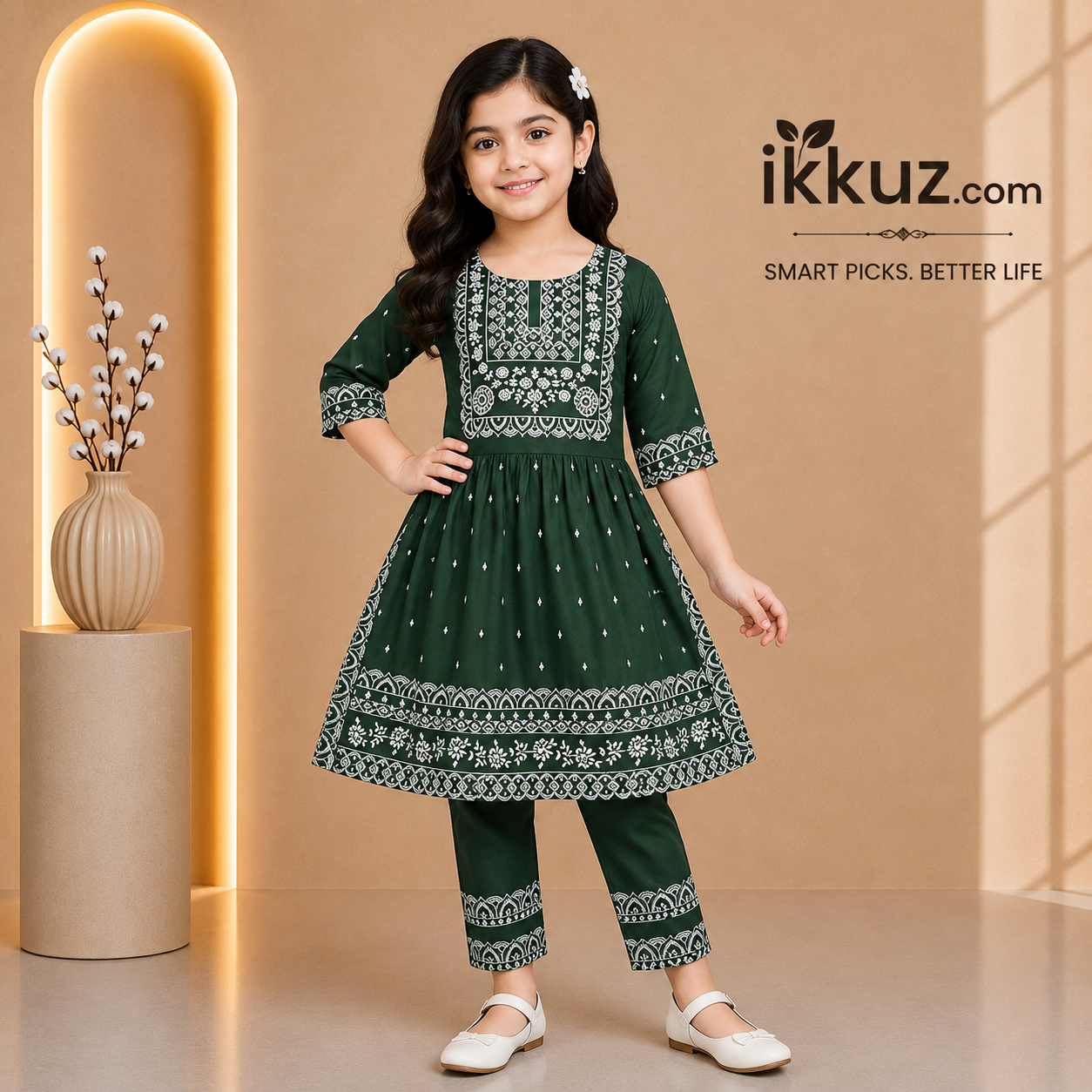 Floral Print Naira Cut Kurta &amp; Pajama Set for Girls – Soft Rayon Ethnic Wear