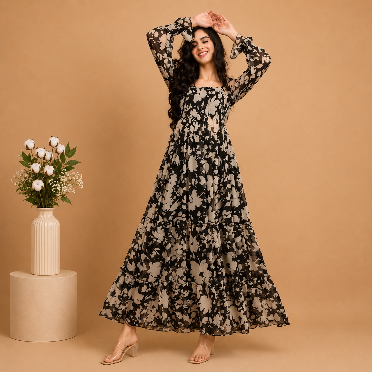 Floral Smocked Tier Maxi Dress – Black