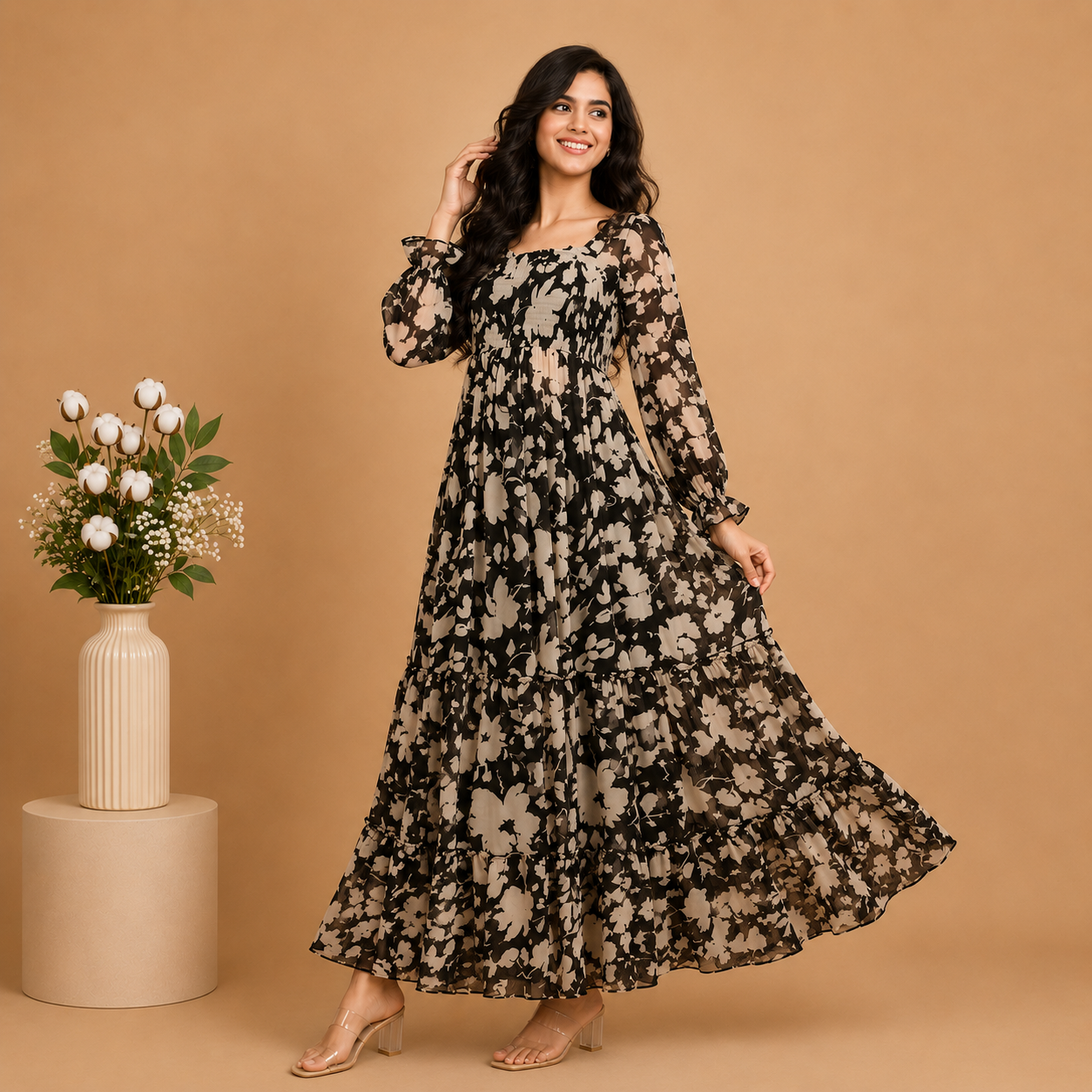 Floral Smocked Tier Maxi Dress – Black