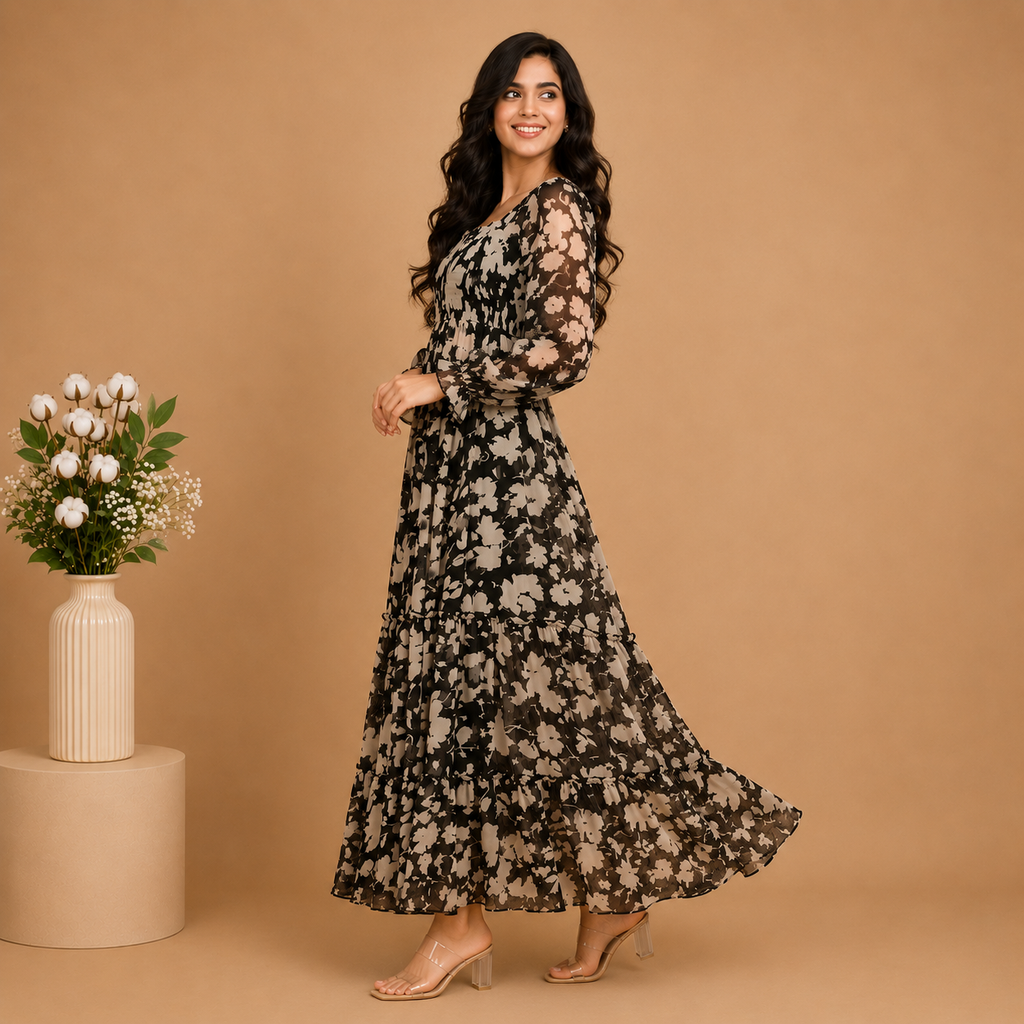 Floral Smocked Tier Maxi Dress – Black