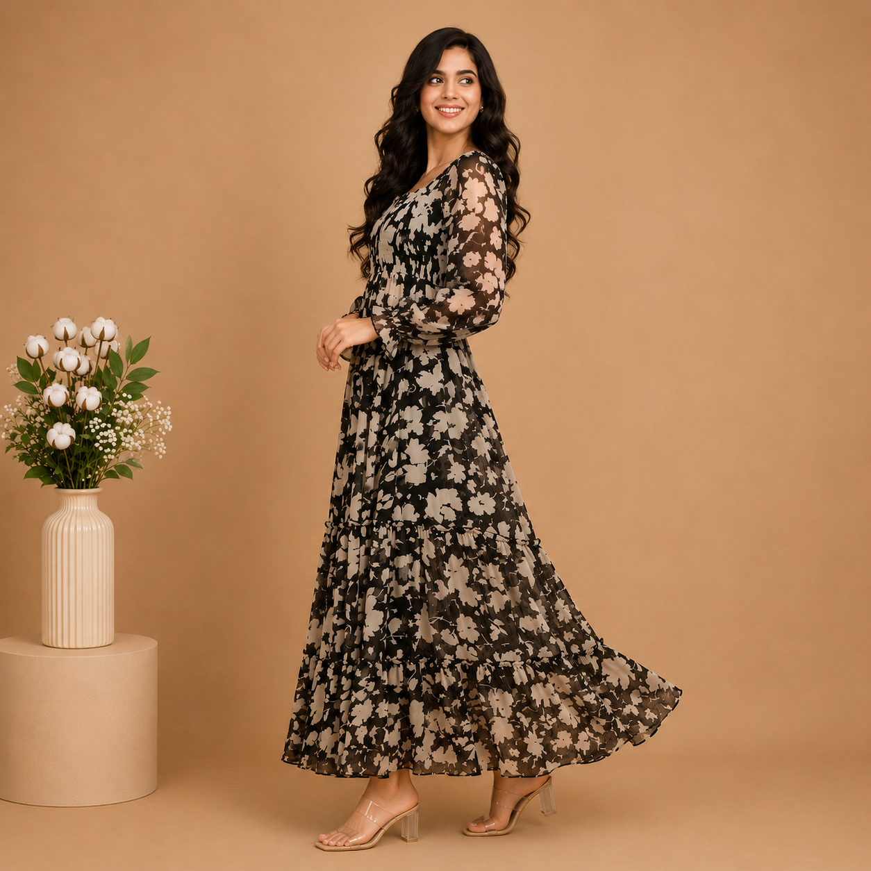 Floral Smocked Tier Maxi Dress – Black