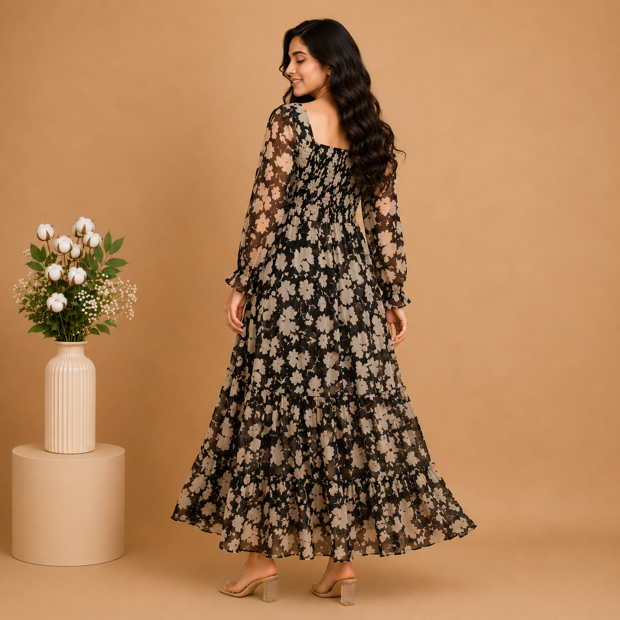 Floral Smocked Tier Maxi Dress – Black