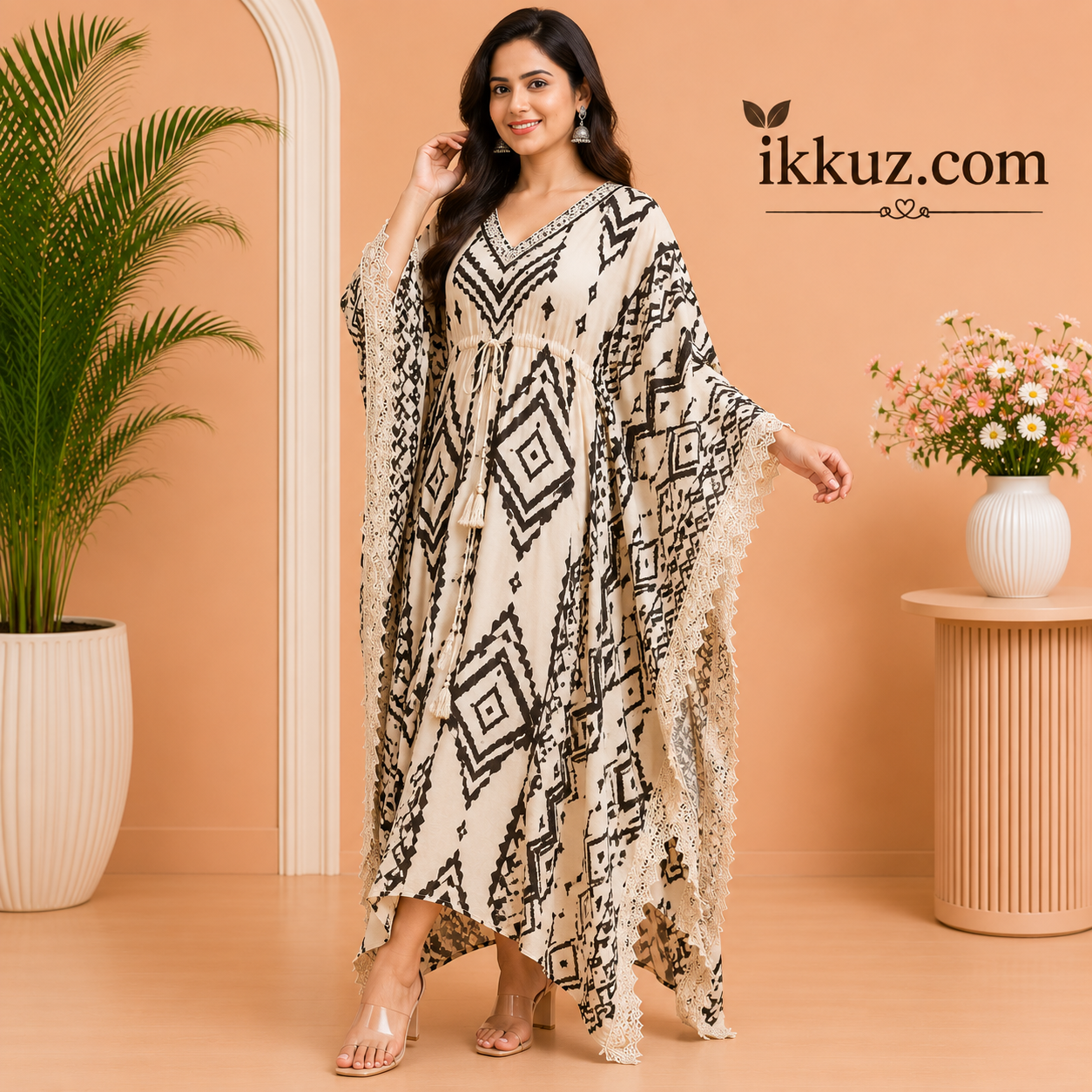 Rayon Kaftan for Women's Party Wear Dress – Cream &amp; Black