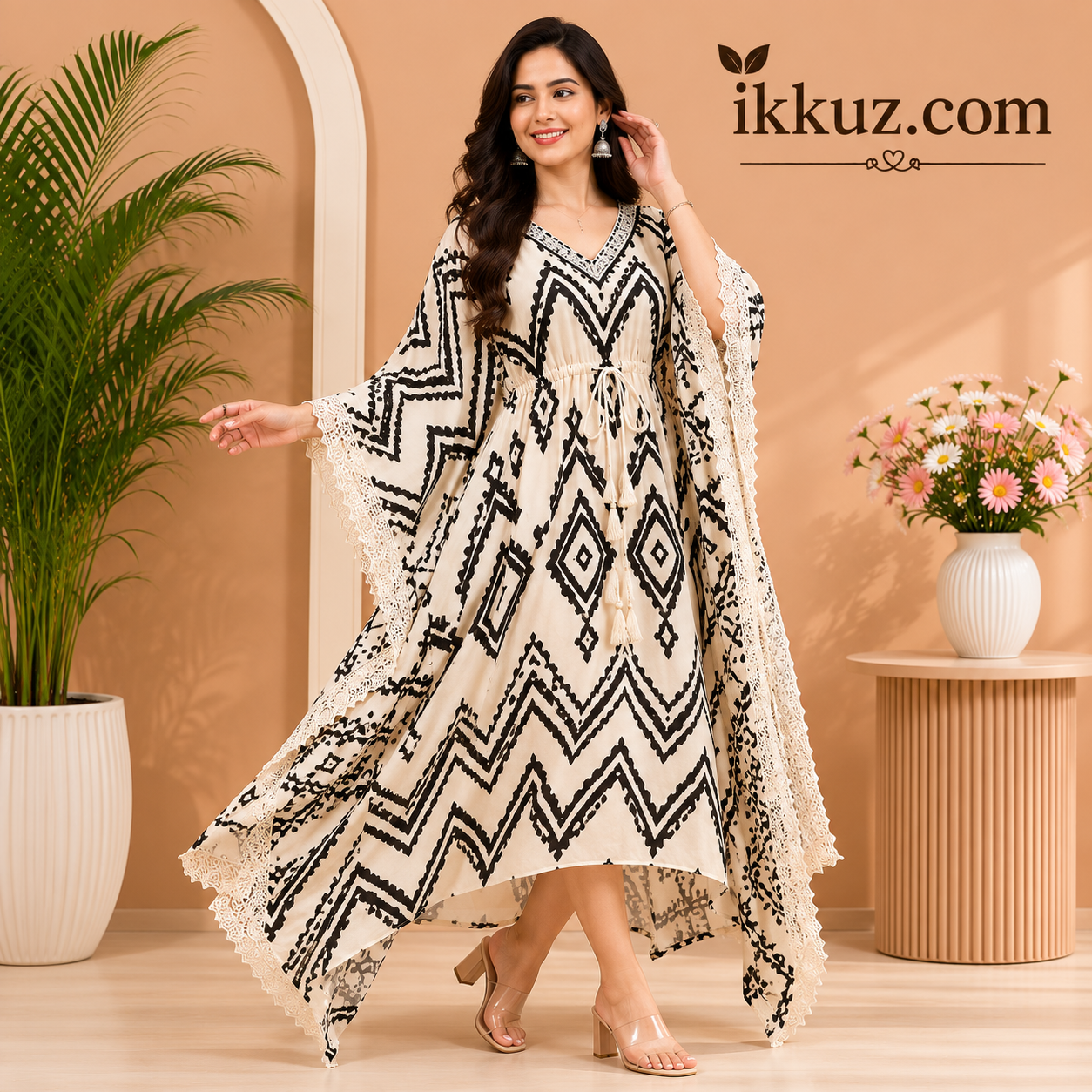 Rayon Kaftan for Women's Party Wear Dress – Cream &amp; Black