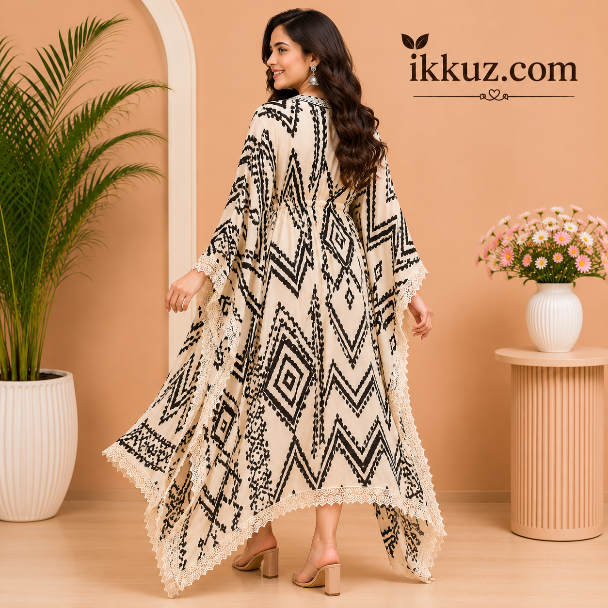 Rayon Kaftan for Women's Party Wear Dress – Cream &amp; Black