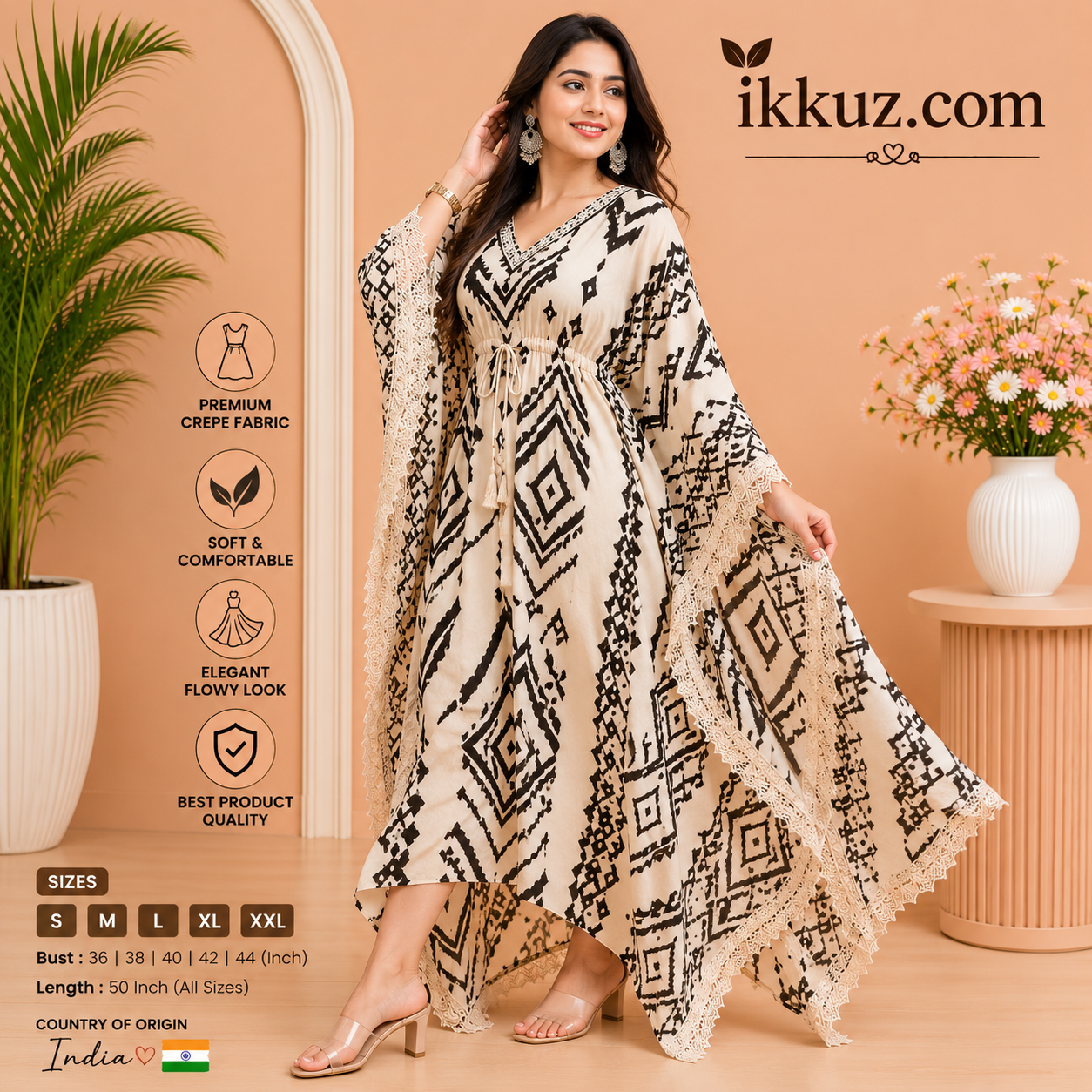 Rayon Kaftan for Women's Party Wear Dress – Cream &amp; Black