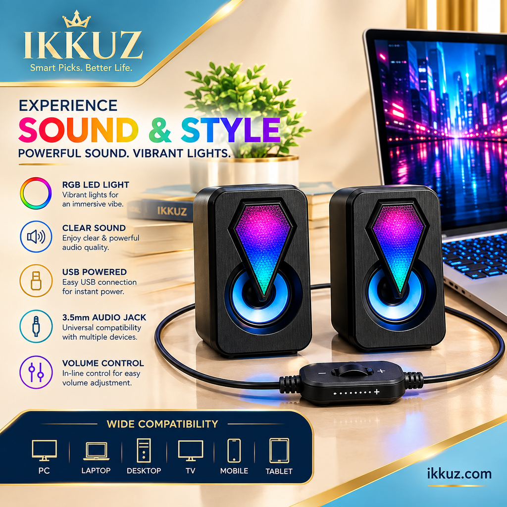 RGB LED 2.0 Channel Wired Computer Speakers | USB Powered Desktop Speakers with 3.5mm Audio Jack &amp; Volume Control