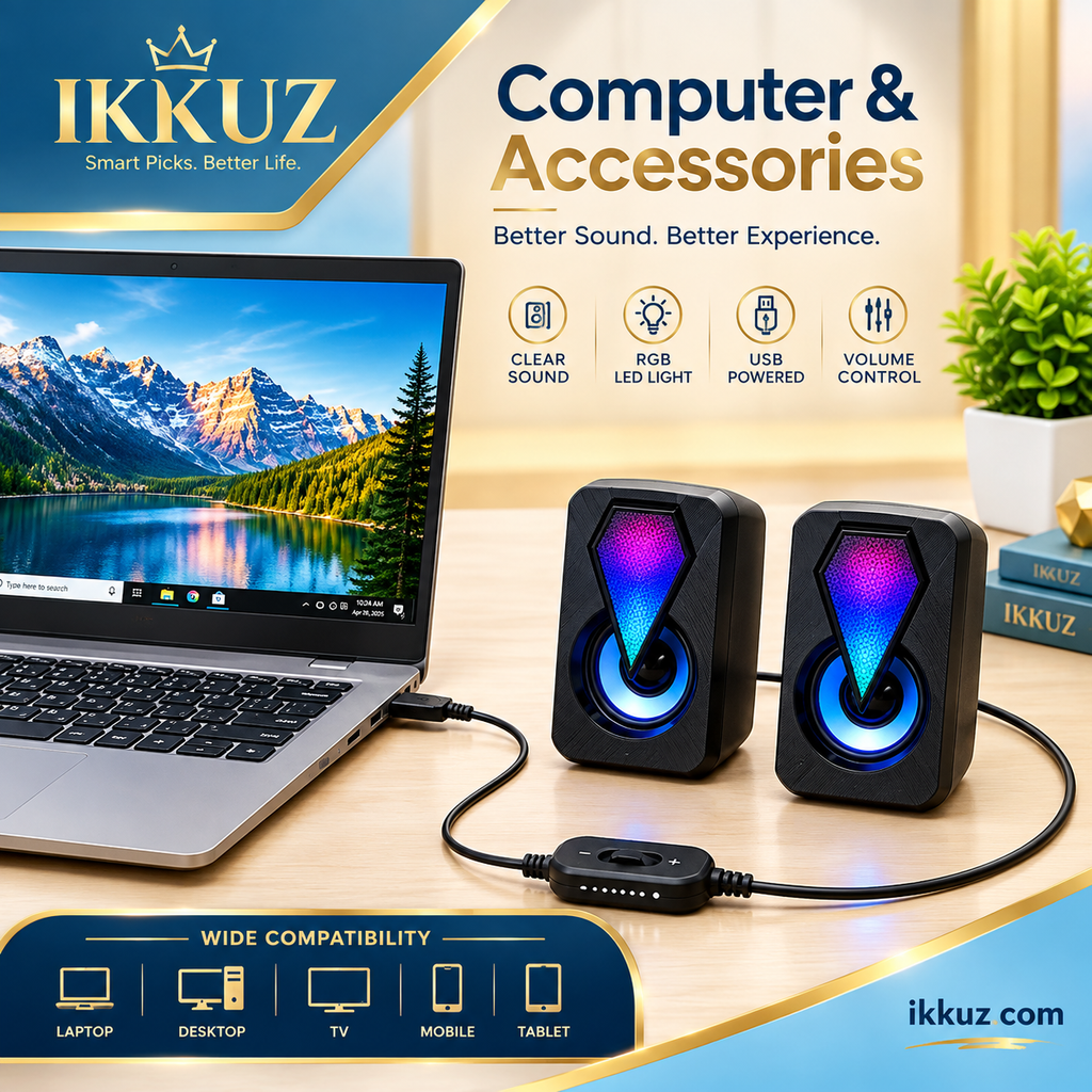 RGB LED 2.0 Channel Wired Computer Speakers | USB Powered Desktop Speakers with 3.5mm Audio Jack &amp; Volume Control
