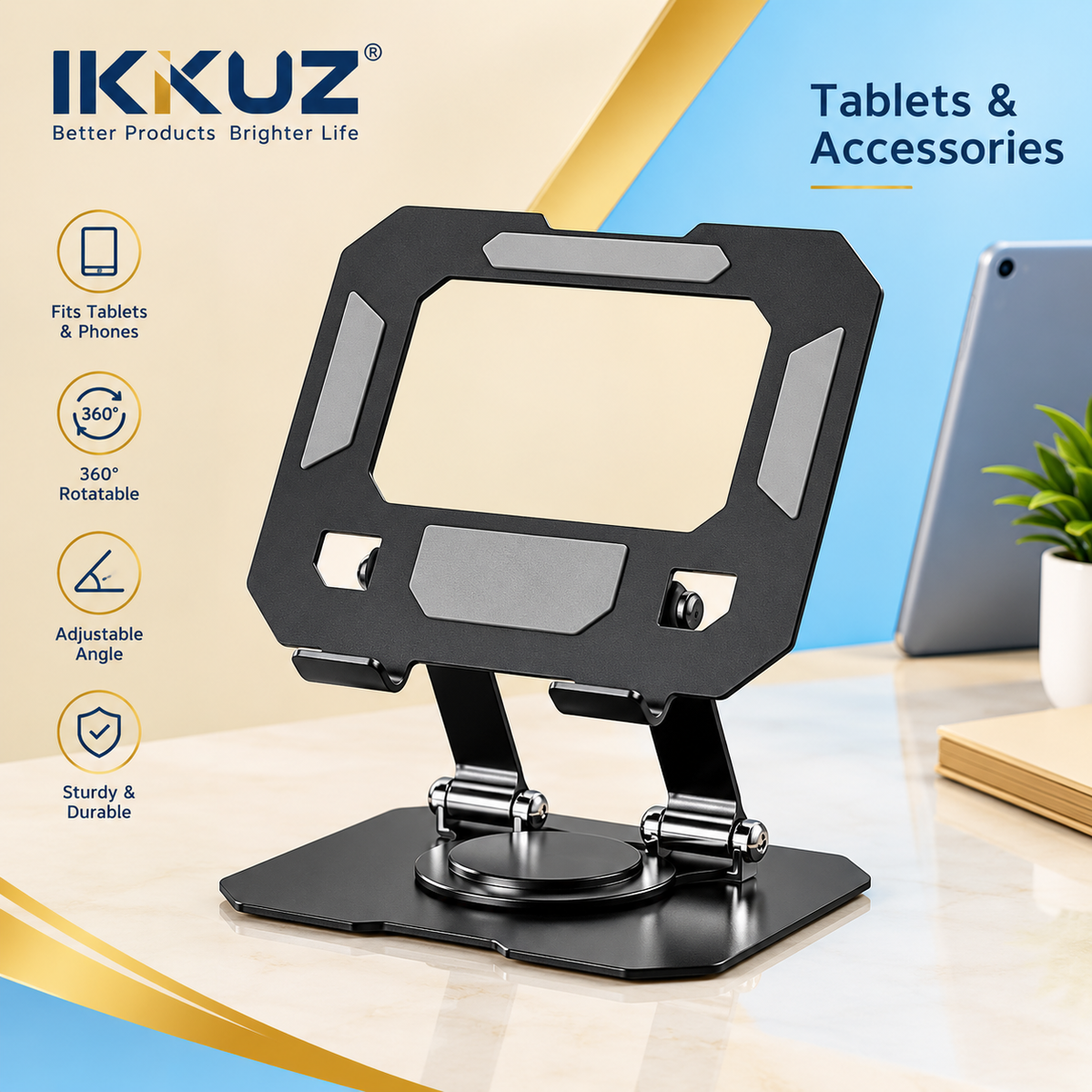Aluminum 360° Rotating Adjustable Tablet Stand Holder – Foldable Multi-Angle Desk Stand for iPad, Samsung Galaxy Tab &amp; All Tablets – Black