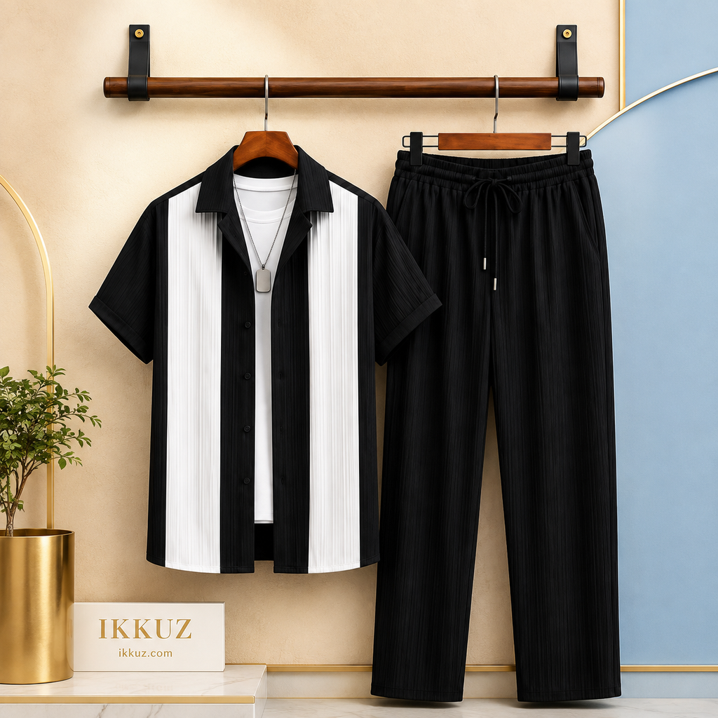 Men’s Premium Cotton Night Suit Set | Heavy Quality Textured Shirt &amp; Solid Pyjama | 2-Piece Nightwear Set