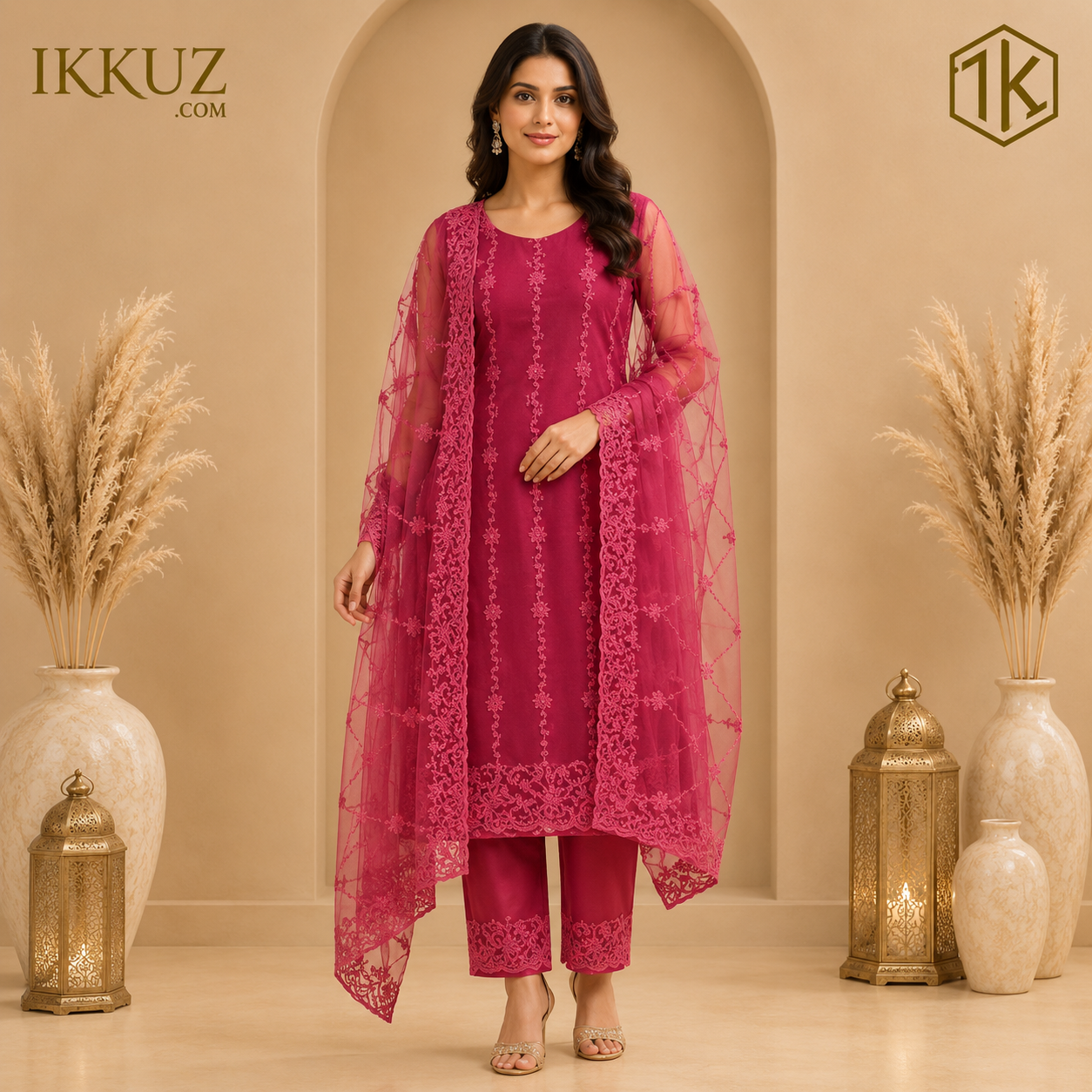 Roselle Peach Embroidered Net Kurta Pant Set with Dupatta | Premium Party Wear Ethnic Set