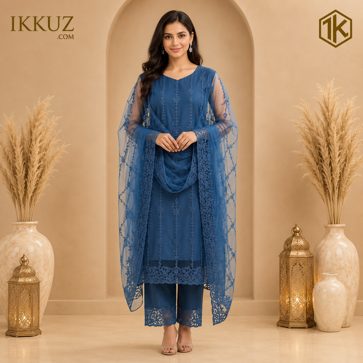 Roselle Peach Embroidered Net Kurta Pant Set with Dupatta | Premium Party Wear Ethnic Set