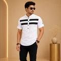 Men's Premium Cotton Striped Mandarin Collar Casual Shirt
