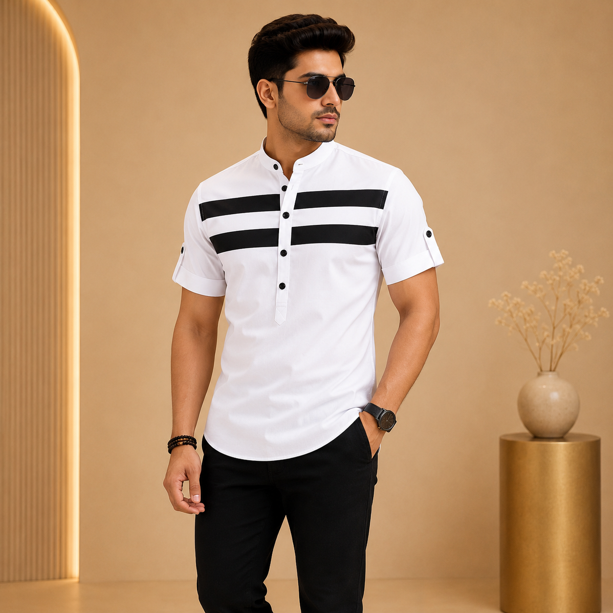 Men's Premium Cotton Striped Mandarin Collar Casual Shirt