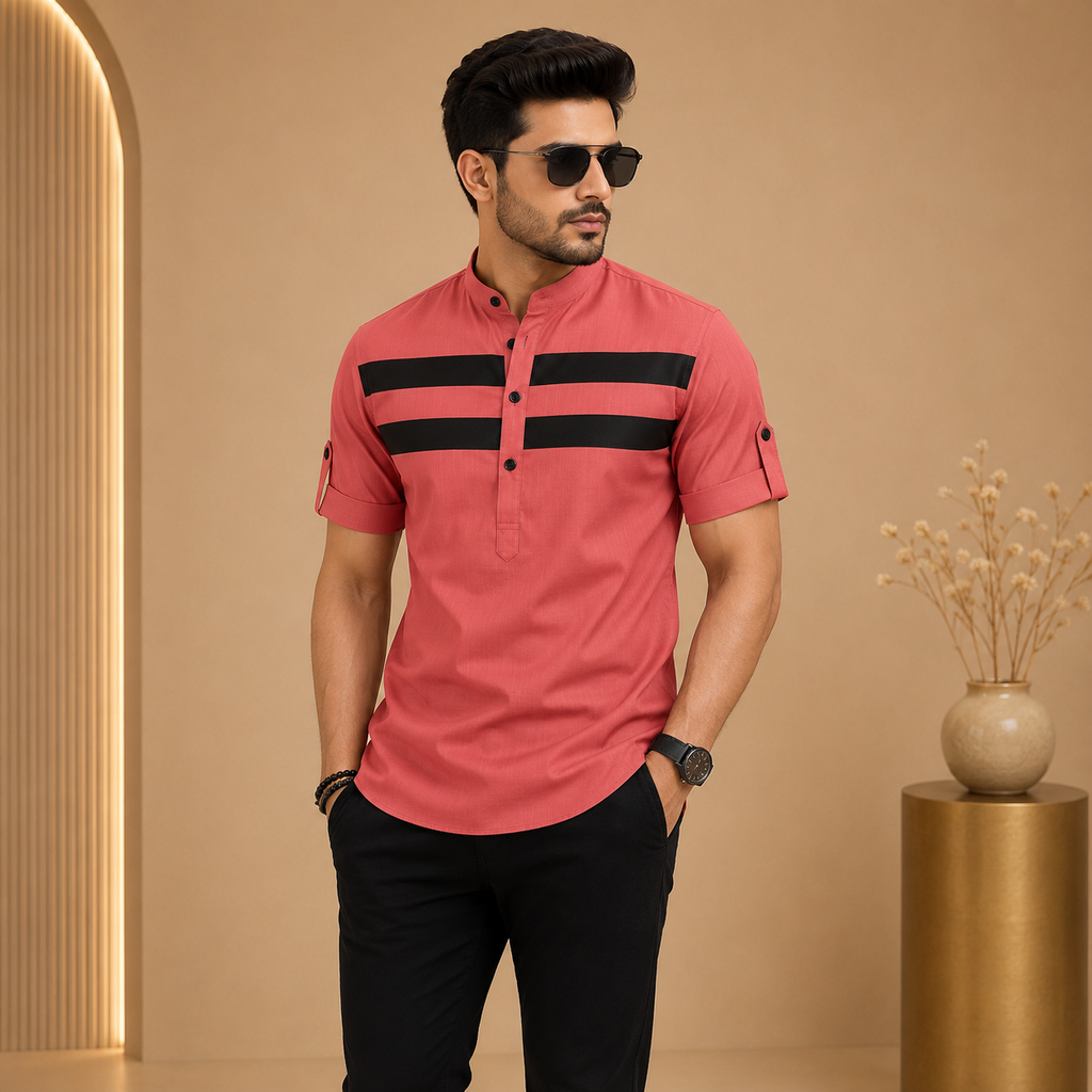 Men's Premium Cotton Striped Mandarin Collar Casual Shirt