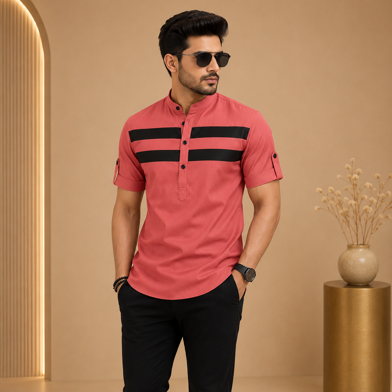 Men's Premium Cotton Striped Mandarin Collar Casual Shirt