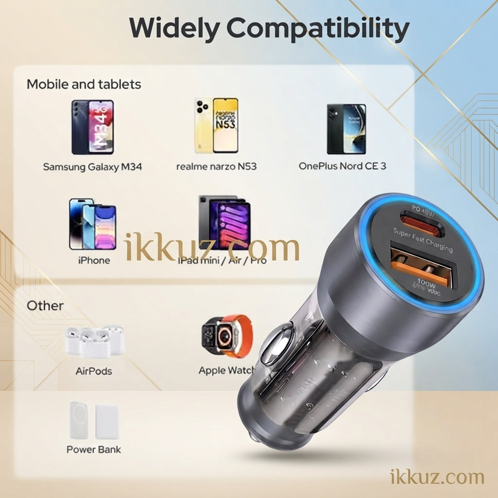 PACK OF 1 PD 100W Mini Car Charger – USB + Type-C Dual Port Fast Charger