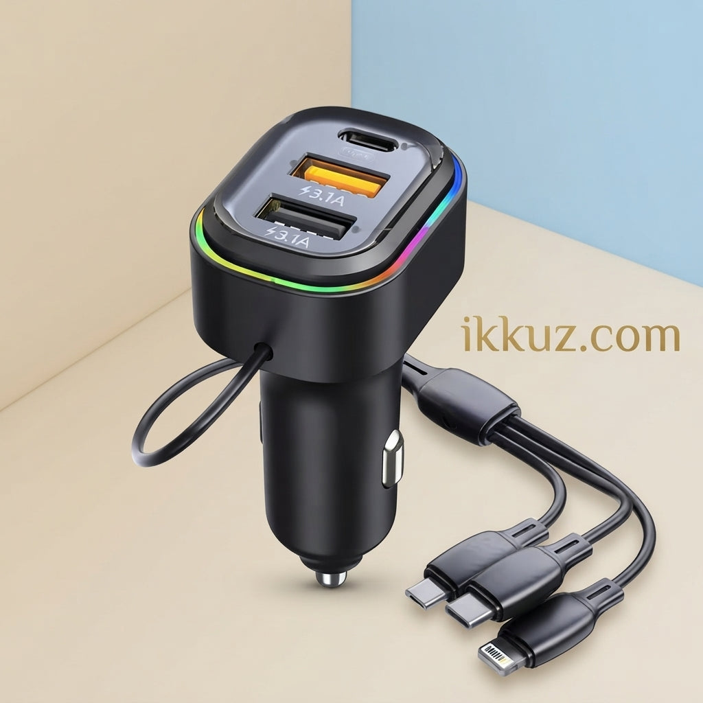 48W Car Charger 3-Port Fast Charging Adapter with 3-in-1 Charging Cable