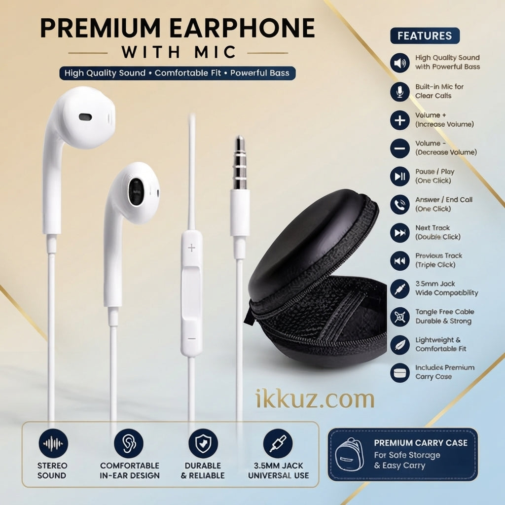 AK 827 Wired Earphones with Mic, Volume Control &amp; 3.5mm Jack – HD Stereo Sound, White