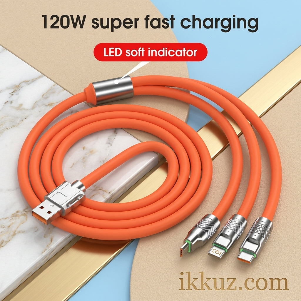 3 IN 1 Fast Charging &amp; Data Sync Cable | Type-C, Micro USB &amp; Lightning | Durable Nylon Braided Universal Charging Cable | Orange