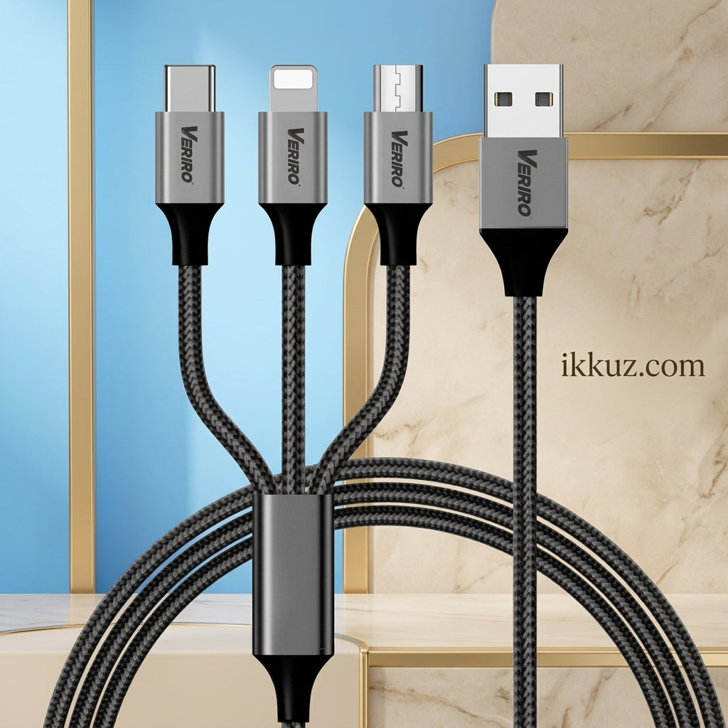 Veriro 1.2M 3-in-1 Nylon Braided Fast Charging Cable | Type-C, Micro USB &amp; Lightning | USB Data &amp; Charging Cable | Compatible with Android &amp; iOS Devices