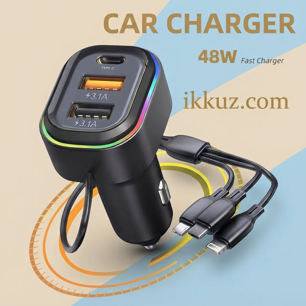 48W Car Charger 3-Port Fast Charging Adapter with 3-in-1 Charging Cable
