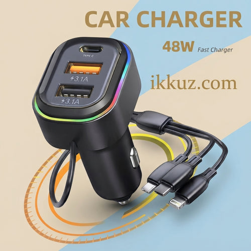 48W Car Charger 3-Port Fast Charging Adapter with 3-in-1 Charging Cable