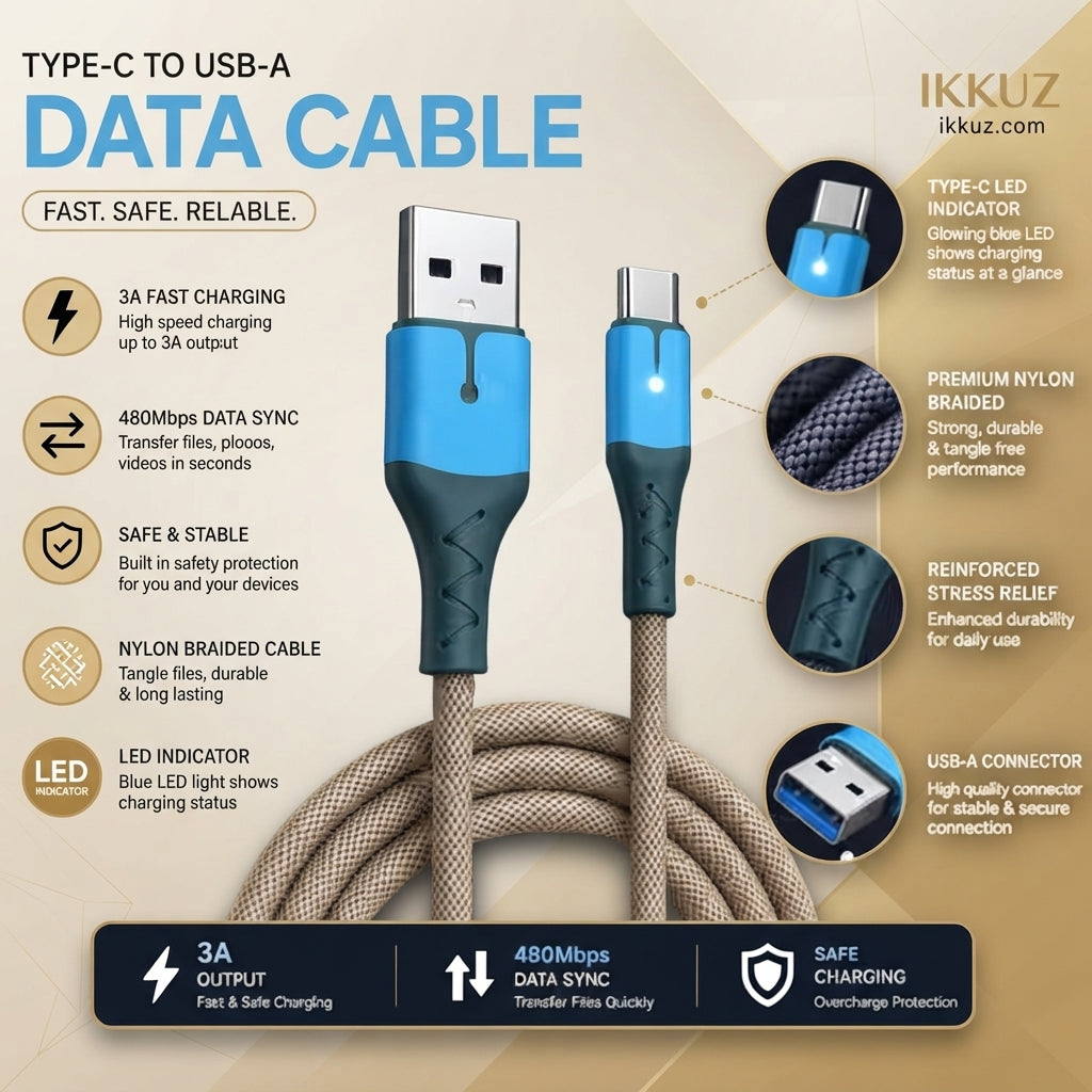 Fast Charging Type-C Cable with LED Indicator, 3A Support & Nylon Braided Design – 1 Meter
